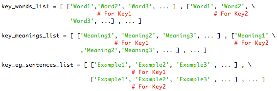 A separate list of words for each key and similarly for meanings and examples